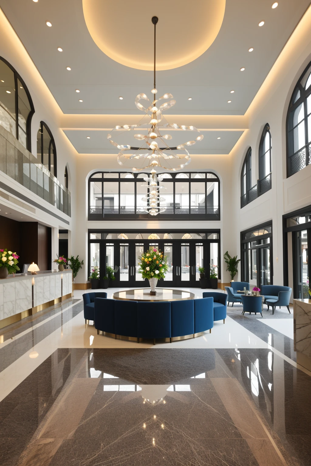 <lora:JJsHotel_v2:1>, masterpiece , best quality, ((hotel lobby)), interior, indoors, window, chair, no humans, counter,rug ,flower, plants, ceiling light,