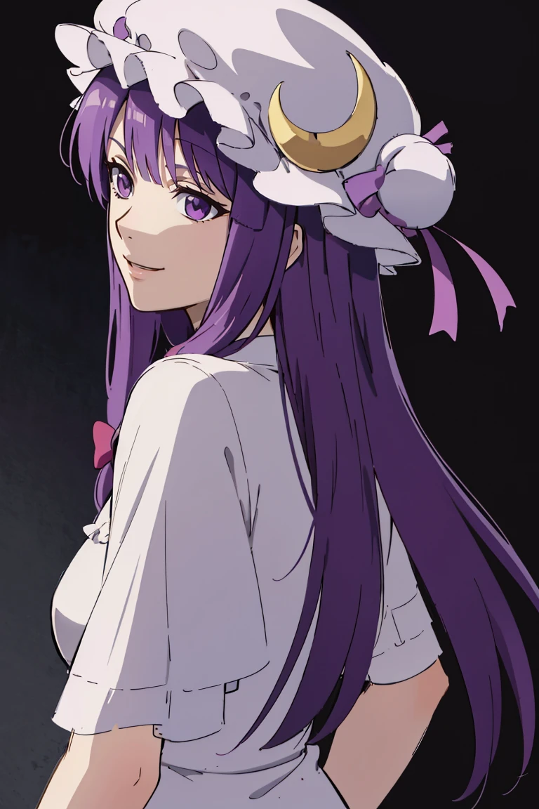 ((masterpiece,best quality)), absurdres,
<lora:patchouli_knowledge-byPatchouli:0.8>, patchouli_knowledge, 1girl, solo, purple hair, purple eyes, long hair, mob cap, crescent hat ornament,
side view,
solo, smiling,