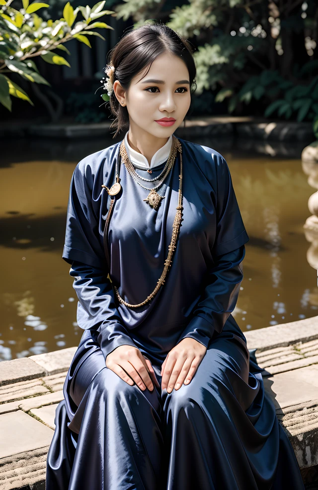 1 girl, viet phuc, ao dai, 18 century, (loosing outfit), {1$$- sitting pose| standing pose|leaning pose},  dark black{1-2 $$ |brown|royal blue} outfit, {1$$ Silk rose  garden background|Imperial Palace Garden}, <lora:FilmVelvia3:0.3>  <lora:VIETPHUC_TK18 -000002:0.8>, Mid-tone colors, wear many Pearl necklaces, photorealistic, 4k, highly detailed, sharp focus, hyper-realistic, masterpiece,ultra-realistic,32k,extremely detailed CG unity 8k wallpaper, best quality,