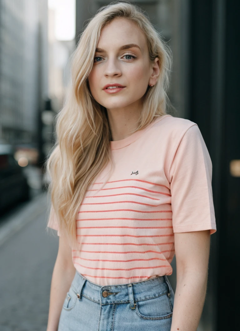 portrait photography, red striped tee, London background, soft colors, bokeh, (high detailed skin:1.1)
<lora:emily_kinney_lora_v01:1> 3mk1n1