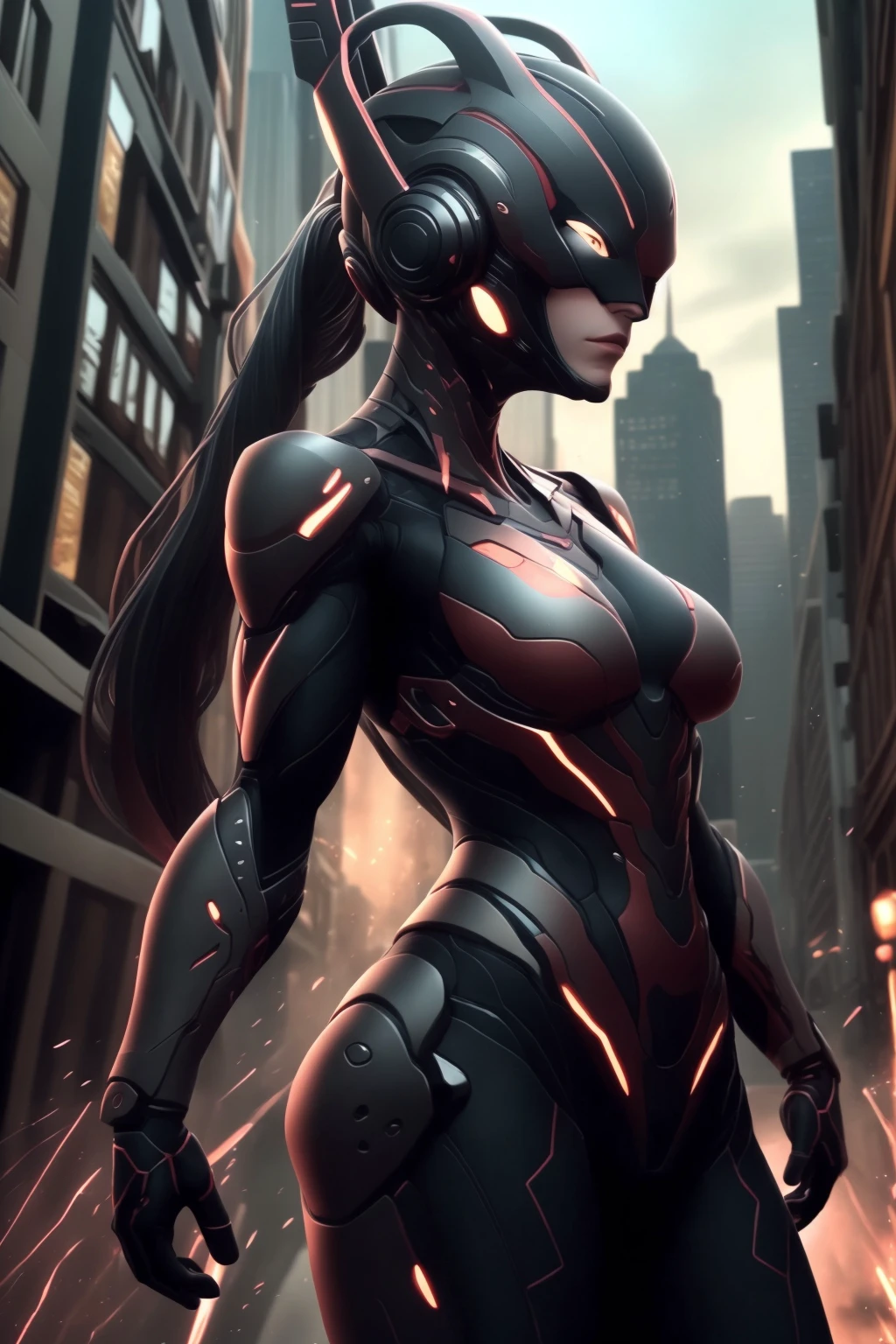 female, ninja, cyborg, building, city,<lora:armor_ninja:0.9>
