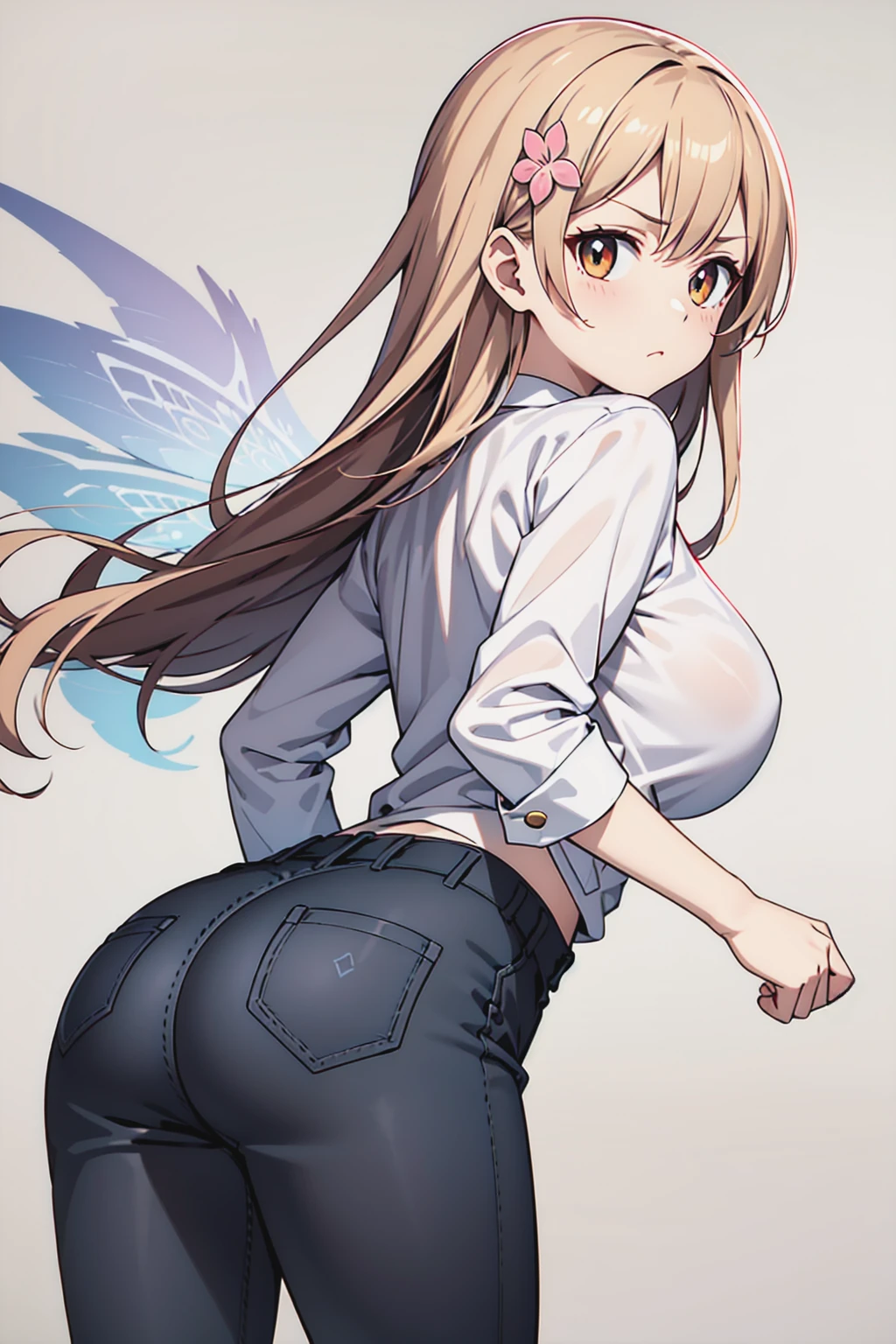 kawaii,cute,
1 girl, solo,
carnation hair, pixie, bangs, hair ornament,
ginger eyes,
punch,
from behind,
impatient,
Skinny pants, oversized blouse, and flats.,
large breasts,
BREAK
simple background