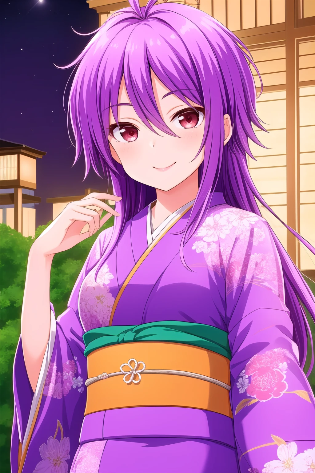 (masterpiece, best quality), highly detailed background, perfect lightingbest quality, shinonomerei, solo, outdoors, night, purple hair, antenna hair, bangs, hair between eyes, messy hair, long hair, red eyes, purple kimono, floral print, <lora:GoodHands-vanilla:1>, japanese clothes, smile, closed mouth, :), pink lips, <lora:Shinonome-Rei:0.7>