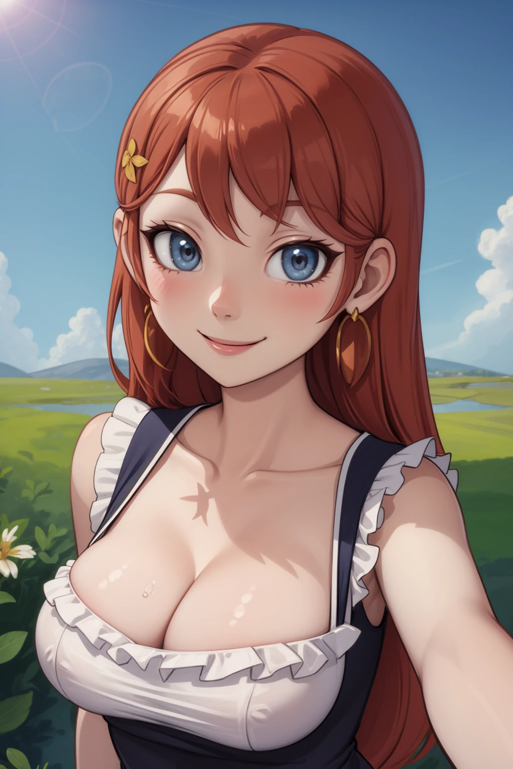 masterpiece, best quality, 1girl, outdoors, blue sky, breasts, frilled top, dress, sleeveless, portrait, smile