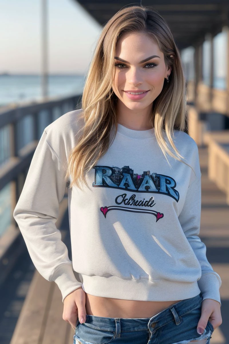 photo of S260_SydneyCole,a stylish woman,on a (boardwalk:1.1),wearing a (sweat-shirt:1.1) and (shorts),smiling,(4k, RAW photo, best quality, depth of field, ultra high res:1.1),(absurdres, intricate, photorealistic, masterpiece, ultra-detailed:1.2),