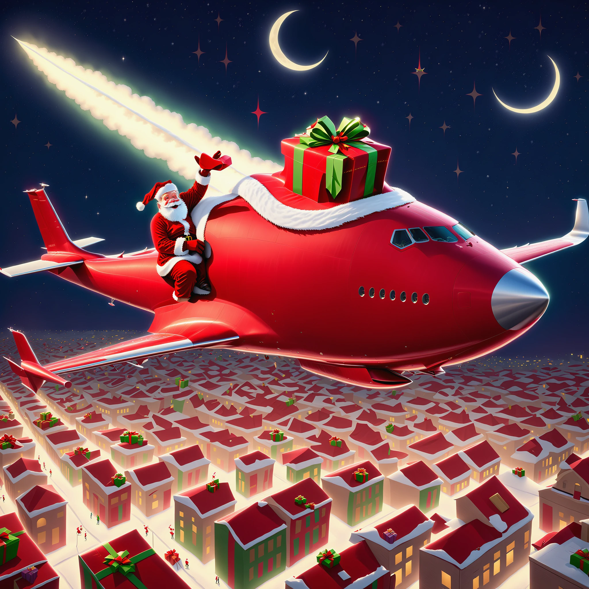 santasride is a plane dropping presents and gifts all over the town, night