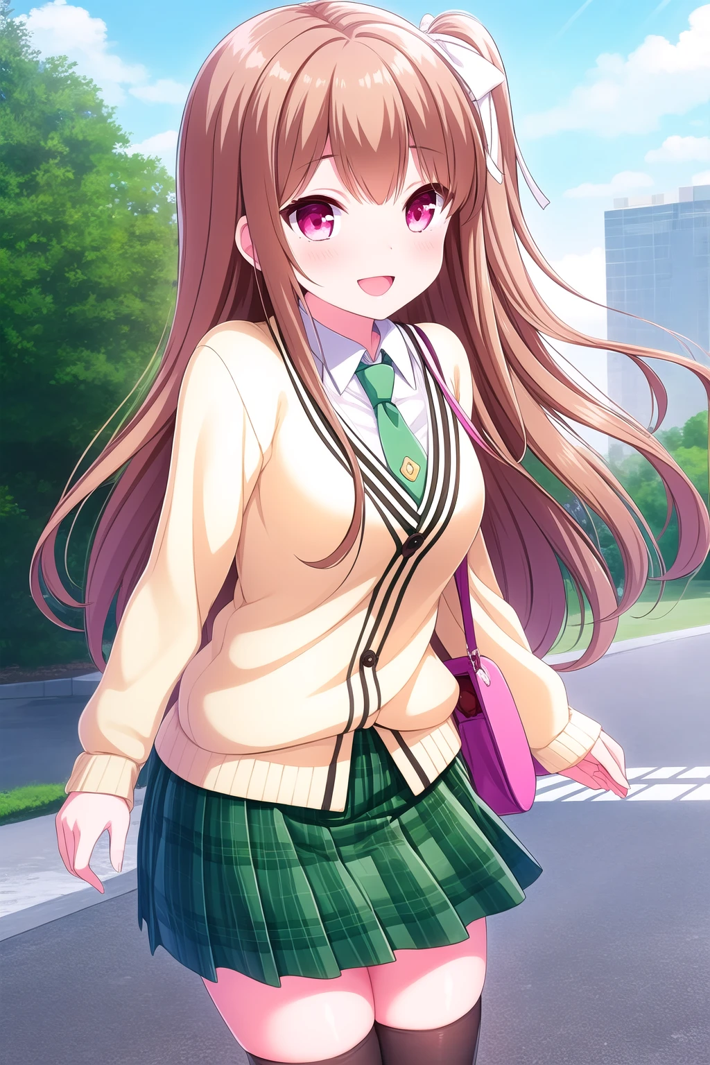 (masterpiece, best quality), highly detailed background, perfect lightingbest quality, asahinamomoko, solo, outdoors, school, brown hair, hair ribbon, white ribbon, one side up, side ponytail, long hair, pink eyes, sweater, cardigan, green necktie, white shirt, <lora:GoodHands-vanilla:1>, black bow, green skirt, plaid skirt, black thighhighs, school uniform, smile, open mouth, :), pink lips, <lora:Asahina-Momoko:0.7>