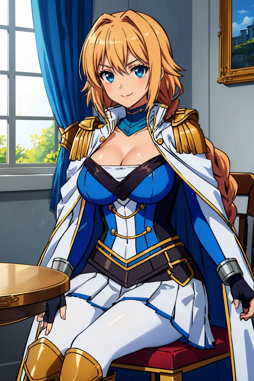 masterpiece, best quality, <lora:danchouarthur-nvwls-v1-000009:0.8> danchou, single braid, white cape, cleavage, blue uniform, white skirt, armored legwear, fingerless gloves, large breasts, sitting, table, chair, victorian architecture, indoors, window, curtains, smile