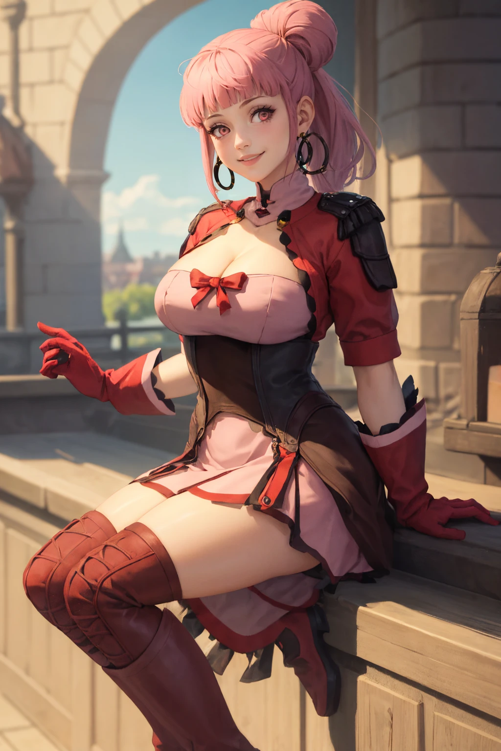 (masterpiece, best quality:1.2), solo, 1girl, hildahopes, smile, looking at viewer, hair bun, ponytail, dress, red gloves, boots, hoop earrings, cleavage