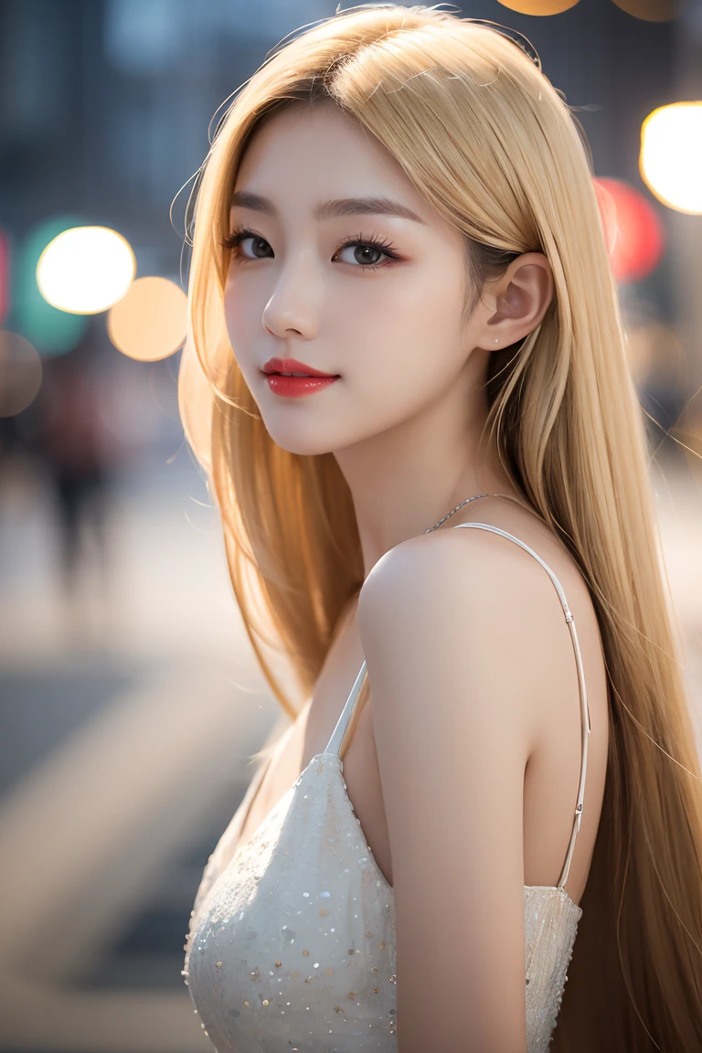 1girl,a beautiful korean fashion model bokeh train,(masterpiece, detailed background, best quality),long and shiny hair,blonde hair,smirk,juicy lips,red lips,<lora:GoodHands-beta2:1>,