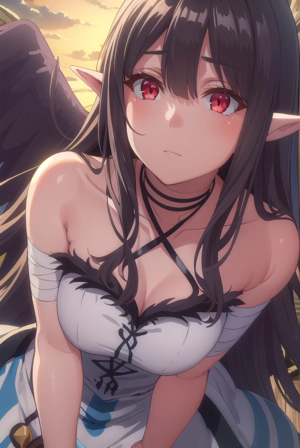 evereese, <lora:eve reese s1-lora-nochekaiser:1>,
eve reese, long hair, bangs, black hair, (red eyes:1.3), very long hair, pointy ears,
BREAK dress, bare shoulders, collarbone, wings, sleeveless, black dress, black ribbon, halterneck, bandages, feathered wings, black wings,
BREAK outdoors, forest, nature, trees, grass, sun, sky, clouds,
BREAK looking at viewer, (cowboy shot:1.5),
BREAK <lyco:GoodHands-beta2:1>, (masterpiece:1.2), best quality, high resolution, unity 8k wallpaper, (illustration:0.8), (beautiful detailed eyes:1.6), extremely detailed face, perfect lighting, extremely detailed CG, (perfect hands, perfect anatomy),