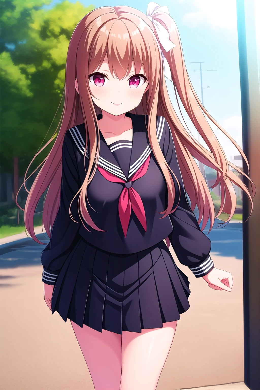 (masterpiece, best quality), highly detailed background, perfect lightingbest quality, asahinamomoko, solo, outdoors, brown hair, hair ribbon, white ribbon, one side up, side ponytail, long hair, pink eyes, sblack serafuku, red bwtie, black shirt, <lora:GoodHands-vanilla:1>, black skirt, pleated skirt, school uniform, smile, closed mouth, :), pink lips, <lora:Asahina-Momoko:0.7>