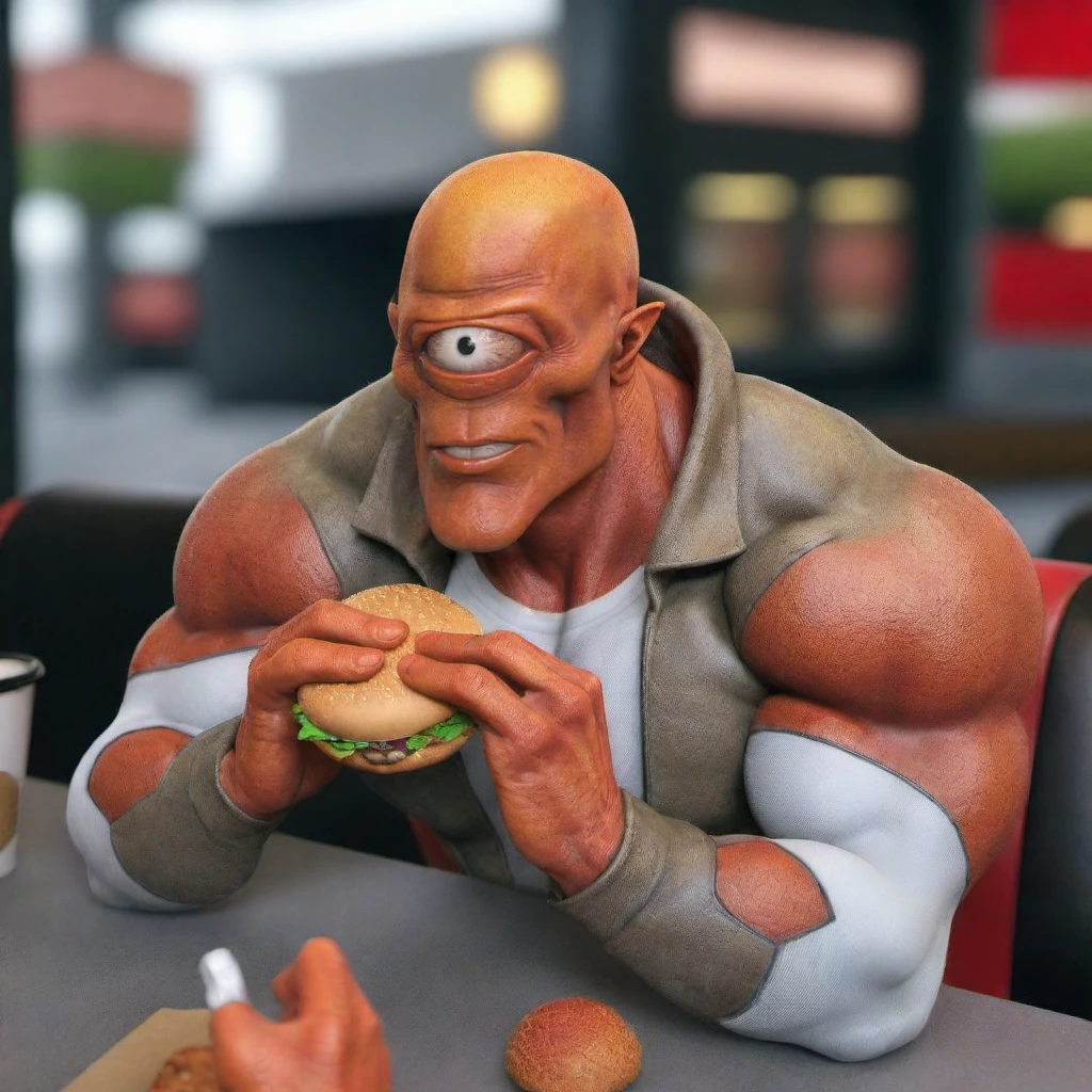 Allen1024, a very muscular alien with one big eye,eating a burger in a fastfood, features intricate detail, detailed eyes, highly detailed, photography, ultra sharp, film, bokeh, professional, 4k <lora:lcm_lora_sdxl:1> <lora:Allen1024:0.7>