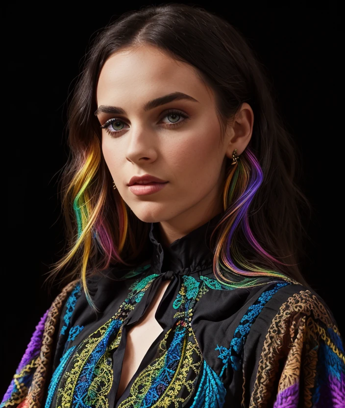 M3gf0x, Nuanced black background , ((Colorful dress)), intricate, close portrait photo