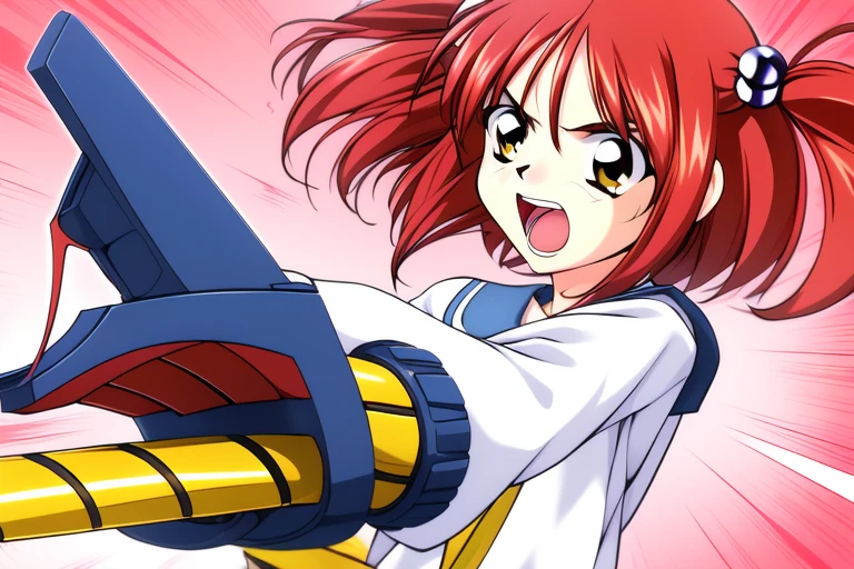 <lora:Megumi:1> Megumi, red hair, two side up, short hair, hair ornament, hair bobbles, 1girl, solo, firing, weapon, school uniform, parody, gun, serafuku, yellow eyes, open mouth