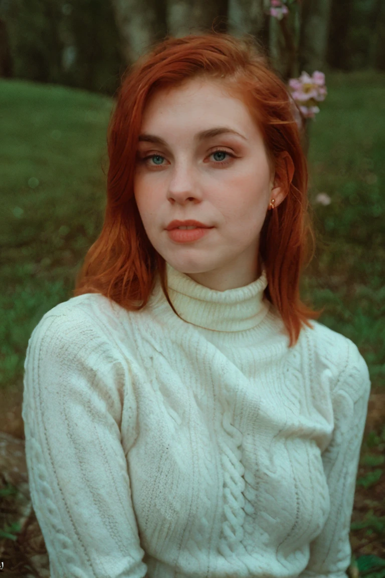 RAW, <lora:EvyDodl:0.85> Portrait of evydodl, 1girl, red hair, blue eyes, nature, outdoor, Spectacular light, ((Jacquard Turtleneck Jumper)), Colorful flowering, Photorealistic, Hyperrealistic, Hyperdetailed, analog style, detailed skin, matte skin, soft lighting, subsurface scattering, realistic, heavy shadow, masterpiece, best quality, ultra realistic, 8k, golden ratio, Intricate, High Detail, film photography, soft focus<lora:lcm-lora-sdv1-5:1.0><lora:lcm-lora-sdv1-5:1.0><lora:lcm-lora-sdv1-5:1.0>