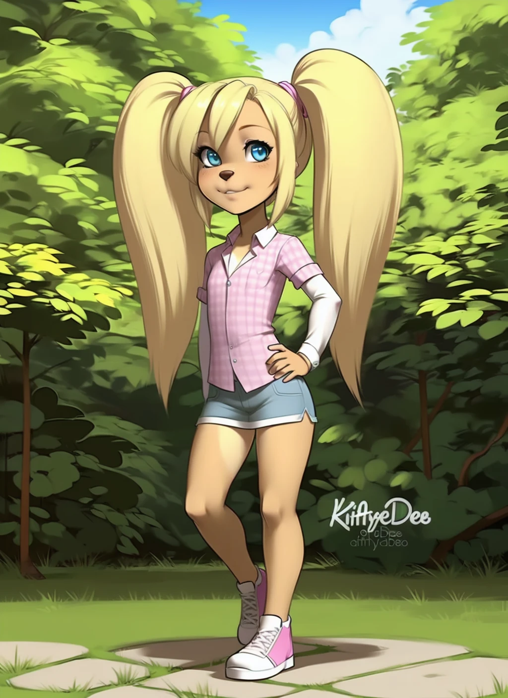 Standing,1girl,Rosa,blonde hair,twintails \(hairstyle\),detailed fur,<lora:BarboskinyFem_Vpred:0.5>,art by KittyDee,