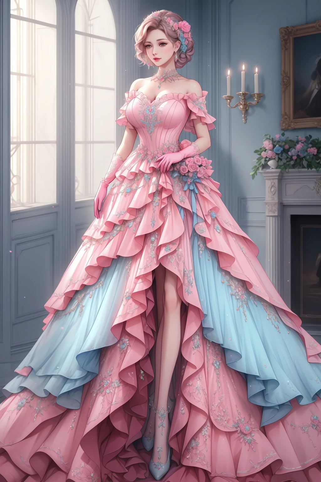 ((best quality)), absurdres, ((ultra high res)), a mature woman in pink and blue dress, magical dress, gloves, beautiful, indoors, extremely detailed, realistic, 8k, masterpiece, <lora:magicaldress-08:0.65>