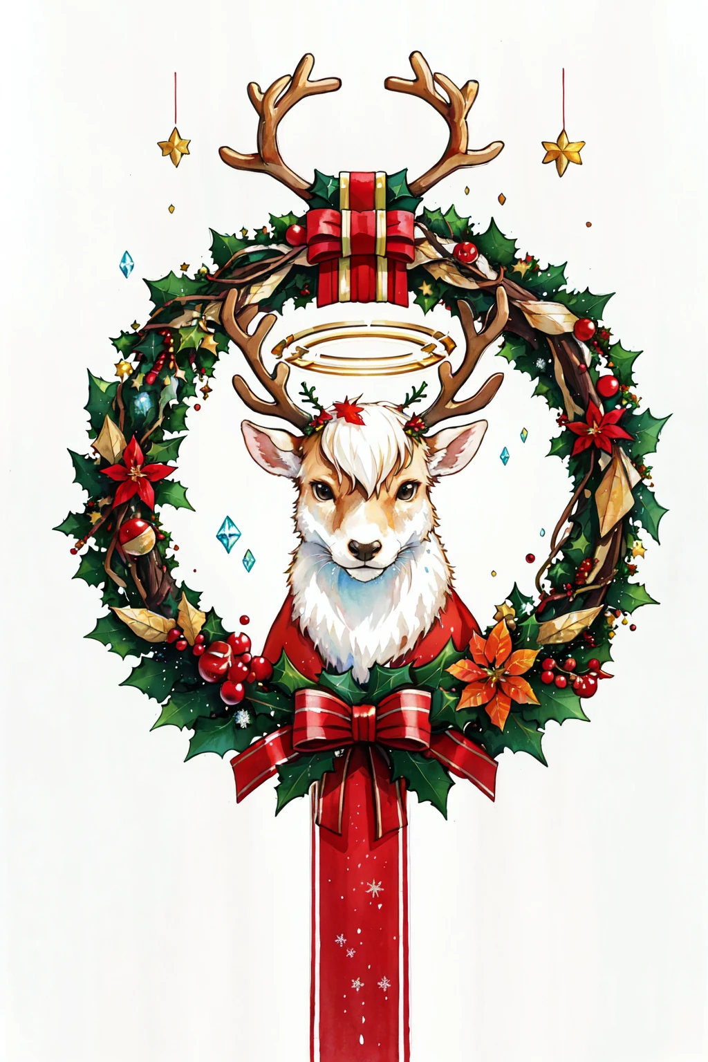 solo, looking at viewer, simple background, white background, black eyes, no humans, animal, traditional media, christmas, painting (medium), antlers, animal focus, reindeer antlers, deer, reindeer, SplshHlpGen