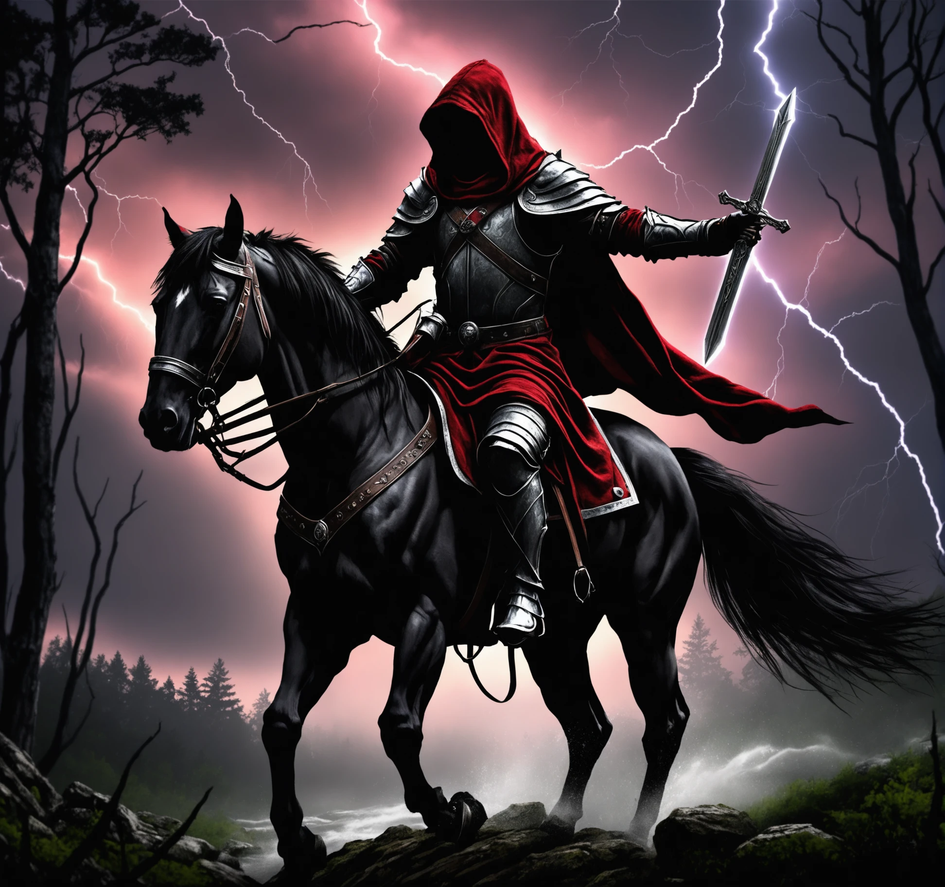 LegendDarkFantasy,  solo,1 boy, riding a horse  throw dark forest, male focus,outdoors in the dark forest, hood, armor, cross, shoulder armor, gauntlets, scabbard,nature, hood raised, shoulder pads,  dark night, red sky, thunderstorm, epic scene, action scene, dynamic scene, <lora:LegendDarkFantasy-000001:0.8>