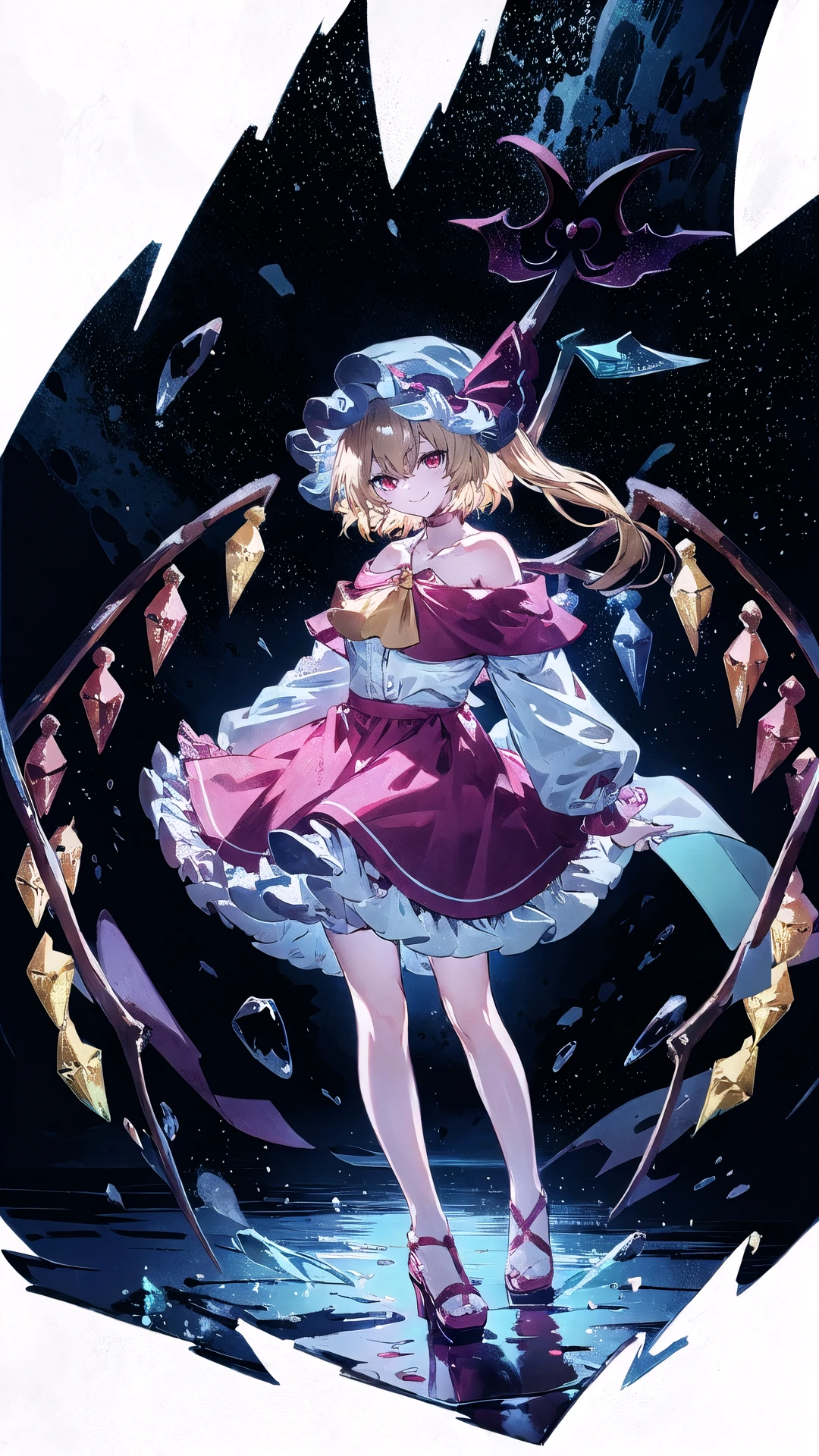 1girl,  solo,  flandre scarlet,  crystal,  off-shoulder dress,  wings,  blonde hair,  dress,  red eyes,  red footwear,  white background,  laevatein (touhou),  red dress,  full body,  bare shoulders,  mob cap,  hat,  choker,  looking at viewer,  off shoulder,  bonnet,  white headwear,  wrist cuffs,  red choker,  adapted costume,  shoes,  one side up,  bow,  frills,  smile,  hair between eyes,  bangs,  collarbone,  standing,  ascot,  ribbon,  alternate costume,  red bow,  long hair,<lora:EMS-86540-EMS:0.800000>,<lora:EMS-233781-EMS:1.000000>,<lora:EMS-6929-EMS:1.000000>