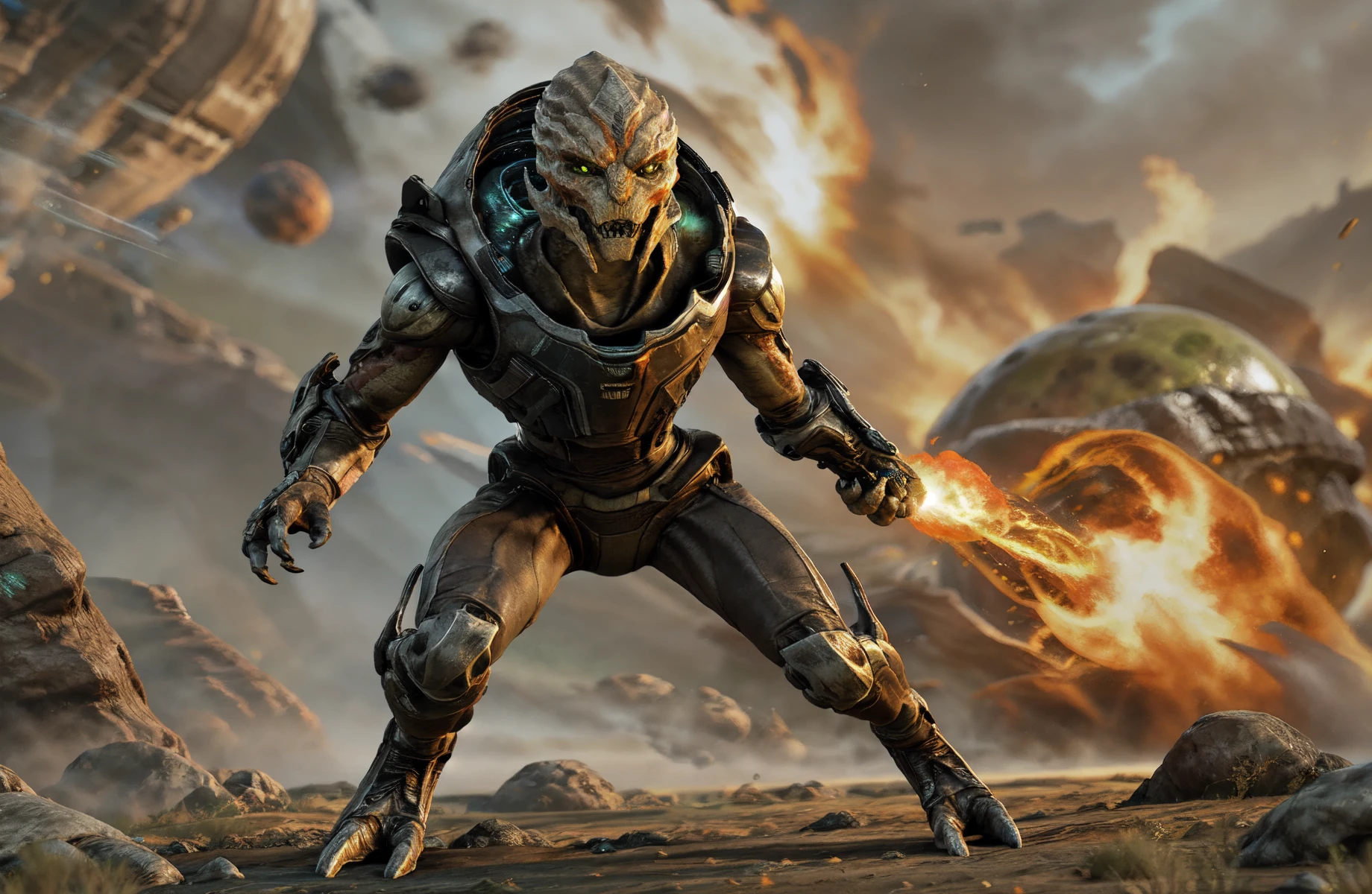 (realistic, 3d \(artwork\), artstation, movie frame:1.1), (full-length portrait:1.2), (three-quarter view:1.2), (detailed background:1.2), (alien planet landscape:1.4), (stars, science fiction:1.1), outside, (grim, epic, cinematic:1.1), photorealism, (explosion:1.3) BREAK
action pose, running, light skin, (light faceplate:1.2), (orange facemark:1.1), (female:0.9), (turian:1.3), alien, (scalie:0.9), green eyes, (slit pupils:1.3), (looking at viewer, eyelashes, eyeliner:1.2), teeth, (open mouth, angry:1.2), (armor:1.3), weapon, plasma gun, assault rifle, mass effect <lora:Femtur_v1.3:0.95>