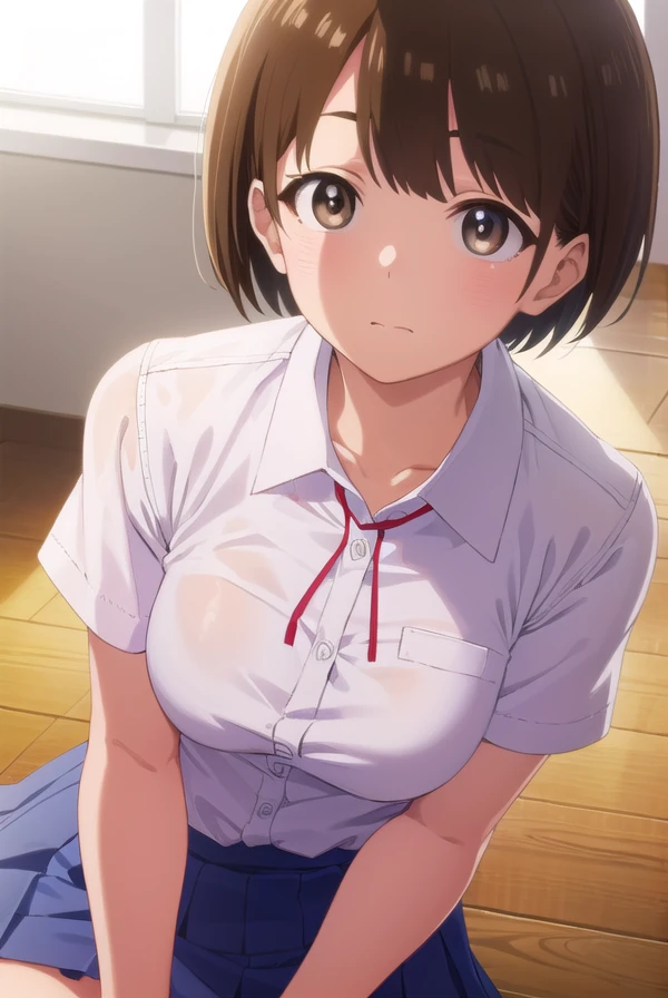chihirokobayashi, <lora:chihiro kobayashi s1-lora-nochekaiser:1>,
chihiro kobayashi, short hair, brown hair, (brown eyes:1.5),
BREAK skirt, shirt, school uniform, pleated skirt, socks, white socks, white shirt, collared shirt, ribbon, red ribbon, short sleeves,
BREAK indoors, classroom,
BREAK looking at viewer, (cowboy shot:1.5),
BREAK <lyco:GoodHands-beta2:1>, (masterpiece:1.2), best quality, high resolution, unity 8k wallpaper, (illustration:0.8), (beautiful detailed eyes:1.6), extremely detailed face, perfect lighting, extremely detailed CG, (perfect hands, perfect anatomy),