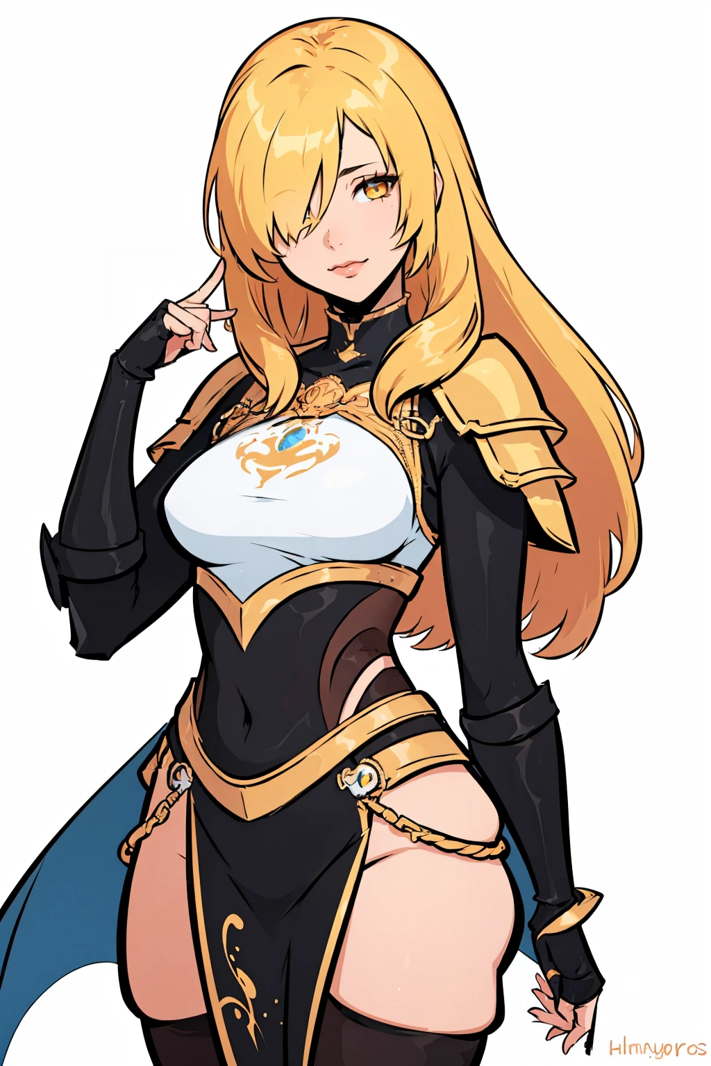 (masterpiece, best quality:1.2),  <lora:hugotendaz:1>, hugotendaz, 1girl, solo, long hair, blonde hair, white background, breasts, yellow eyes, hair over one eye, simple background, armor, looking at viewer