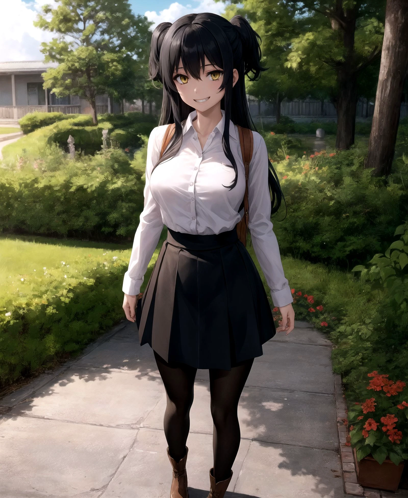 grin,, rakko yumiya, 1girl, solo, long hair, breasts, looking at viewer, smile, bangs, skirt, large breasts, shirt, black hair, long sleeves, HDR, black skirt, two side up, black pantyhose, brown footwear, <lora:Yumiya_Rakko_l:1>, yellow eyes, white shirt,