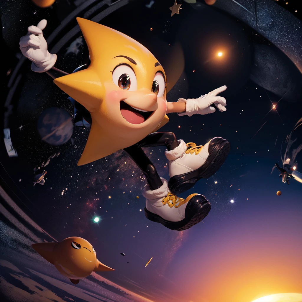 ristar, solo, looking at viewer, smile, open mouth, gloves, shoes, white gloves, flying on space with stars in background