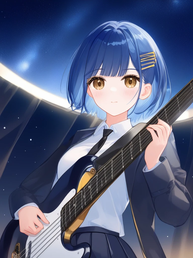 <lora:dan_4k:1>,solo, 1girl, lighting and shadow, upper body, looking at viewer, holding instrument, blush, closed mouth, yellow eyes, brown eyes, mole under eye, blue hair, short hair, hairclip, bangs, white shirt, collared shirt, pleated skirt, jacket, short over long sleeves, neck ribbon, black ribbon, playing instrument, bass guitar, star \(sky\), electric guitar, curtains, night sky, plectrum, starry sky print, black neckwear, space