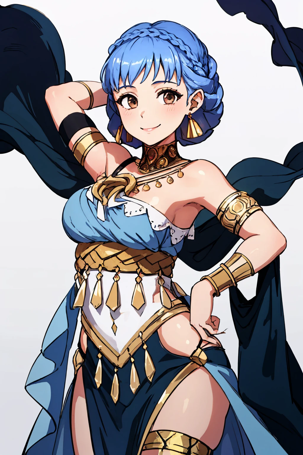 (masterpiece, best quality:1.2), solo, 1girl, marianneserene, smile, looking at viewer, dancing, crown braid, dancer, blue dress, pelvic curtain, earrings, armlet, shawl,  shoulders <lora:fireemblem_marianne_v2-10:1>