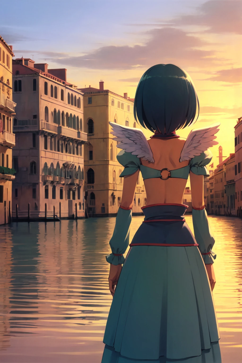 subaruha, 1girl, solo, wings, detached collar, crop top, puffy short sleeves, detached sleeves, long skirt, from behind, back, sunset, building, sky, venice, o-ring, water <lora:subaruha_V2-10:0.7> <lora:Sadamoto Yoshiyuki:0.2>