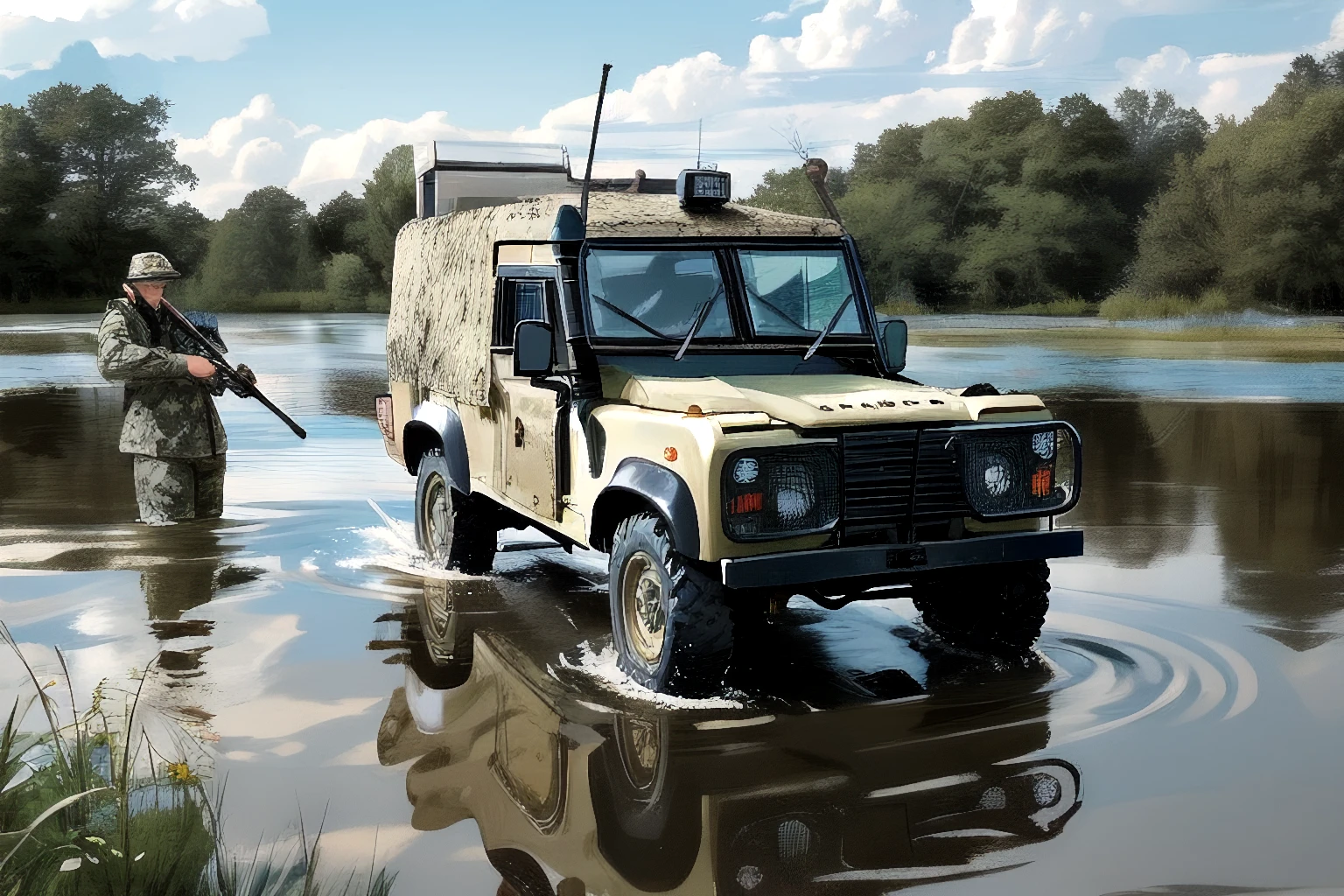 snatch, land rover, in a swamp, mud, partially submerged, soldiers, frogs,