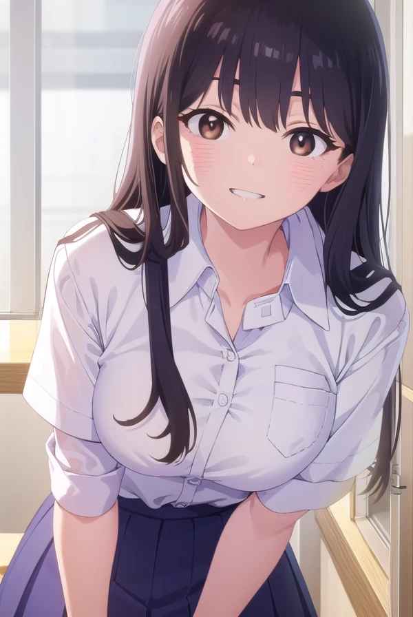 annayamada, <lora:anna yamada s1-lora-nochekaiser:1>,
anna yamada, long hair, bangs, black hair, (brown eyes:1.5), smile, grin,
BREAK skirt, shirt, school uniform, white shirt, pleated skirt, collared shirt, sweatdrop, blue skirt, pocket, shirt tucked in, breast pocket,
BREAK indoors, classroom,
BREAK looking at viewer, (cowboy shot:1.5),
BREAK <lyco:GoodHands-beta2:1>, (masterpiece:1.2), best quality, high resolution, unity 8k wallpaper, (illustration:0.8), (beautiful detailed eyes:1.6), extremely detailed face, perfect lighting, extremely detailed CG, (perfect hands, perfect anatomy),