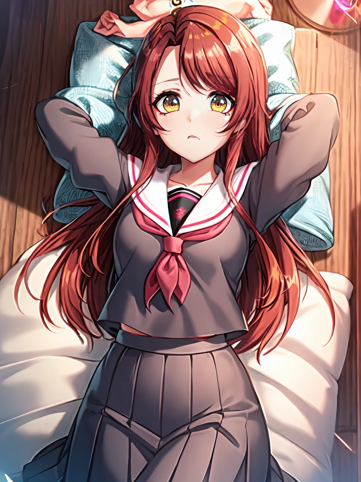 (extremely detailed CG), (best quality), 1girl, perfect face, shiny skin, lustrous skin, wide hips, narrow waist  solo 1girl,<lora:Haruna-09:0.8>haruna, long hair, bangs, red hair,  frills, yellow eyes, ribbon,blushed, embarassed , flat chest,white sailor collar, serafuku, pleated skirt, neckerchief, ribbon,long sleeves, (lying on bed:1), arms over head, from above