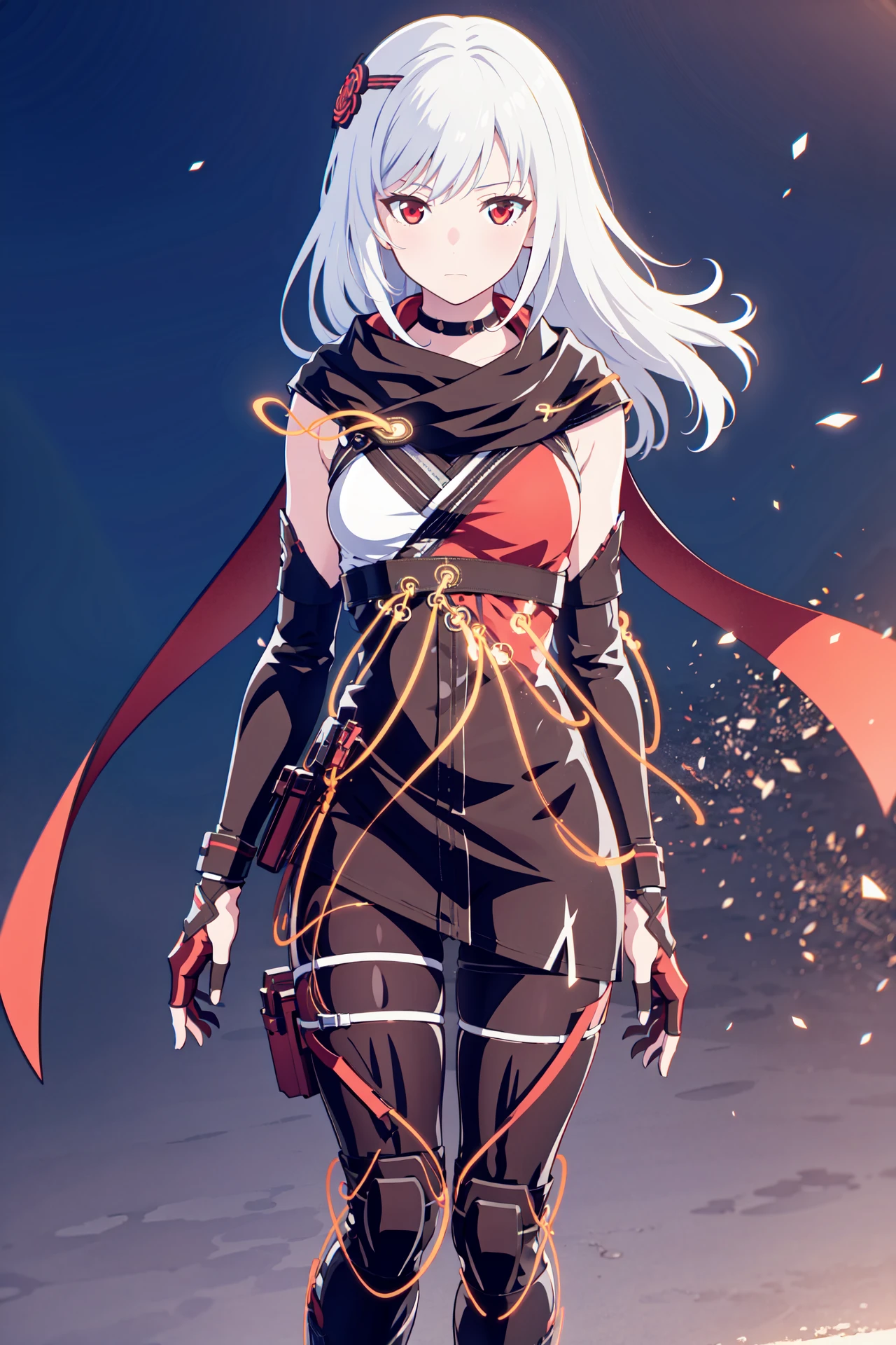 Masterpiece, best quality, perfect lighting, 1girl, solo, osf shinobi uniform, white hair, red eyes, choker, hair ornament, fingerless gloves, thigh guards, knee guards, black boots, grey leggings, satchel, cape, simple_background, white_background, orange_light_particles, <lora:Kasane-v2:0.7>