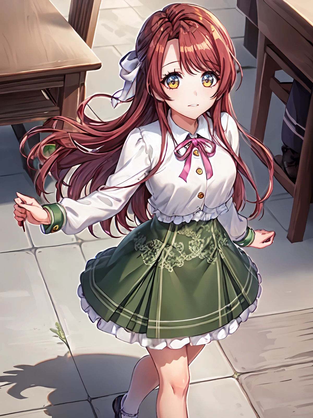 (extremely detailed CG), (best quality), 1girl, perfect face, shiny skin, lustrous skin, wide hips, narrow waist  solo 1girl,<lora:Haruna-09:0.7>haruna, long hair, bangs, red hair, green skirt, white shirt, frills, yellow eyes, ribbon, shoes,blushed, smile, full body, flat chest,