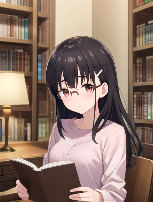 best quality, masterpiece, highres, detailed, digital artwork, <lora:Detail - add_detail:0.2>, IridoYume, black hair, brown eyes, hair clip, bedroom, bookshelf, desk, reading, glasses, <lora:Character - IridoYume:0.8>