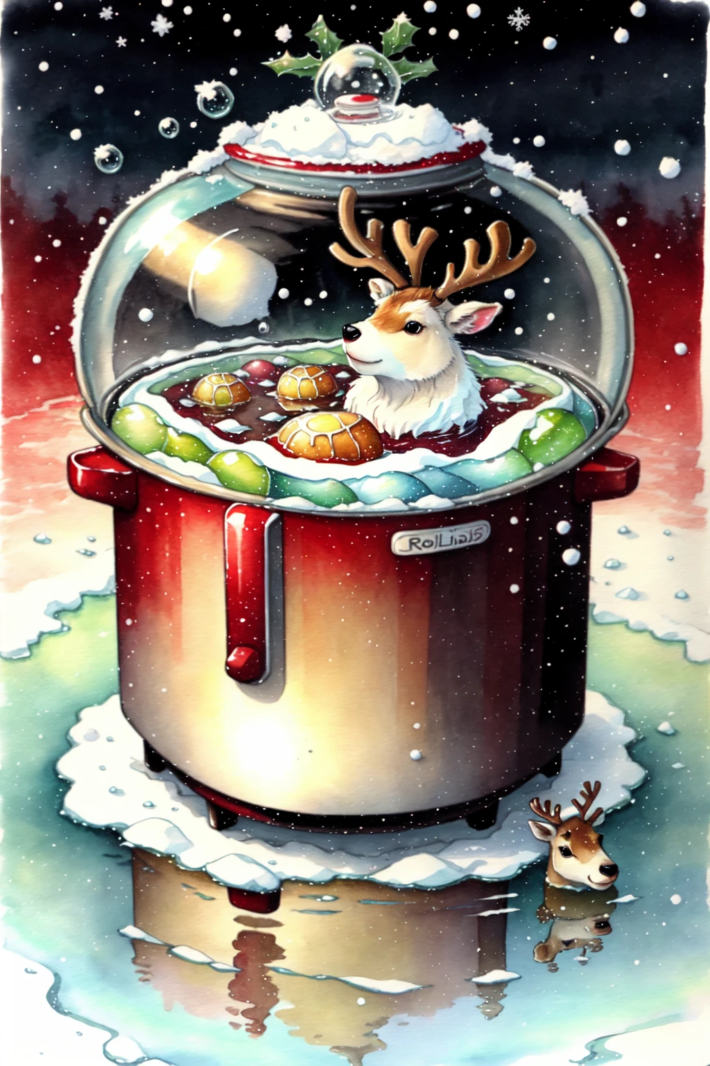 <lora:ChristmasFood:0.8> ChristmasFood, Reindeer in a crockpot, boiling, bubbles, partially submerged, ice, frost, reflection, snow, traditional media, red theme