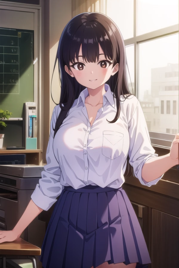 annayamada, <lora:anna yamada s1-lora-nochekaiser:1>,
anna yamada, long hair, bangs, black hair, (brown eyes:1.5), smile, grin,
BREAK skirt, shirt, school uniform, white shirt, pleated skirt, collared shirt, sweatdrop, blue skirt, pocket, shirt tucked in, breast pocket,
BREAK indoors, classroom,
BREAK looking at viewer, (cowboy shot:1.5),
BREAK <lyco:GoodHands-beta2:1>, (masterpiece:1.2), best quality, high resolution, unity 8k wallpaper, (illustration:0.8), (beautiful detailed eyes:1.6), extremely detailed face, perfect lighting, extremely detailed CG, (perfect hands, perfect anatomy),