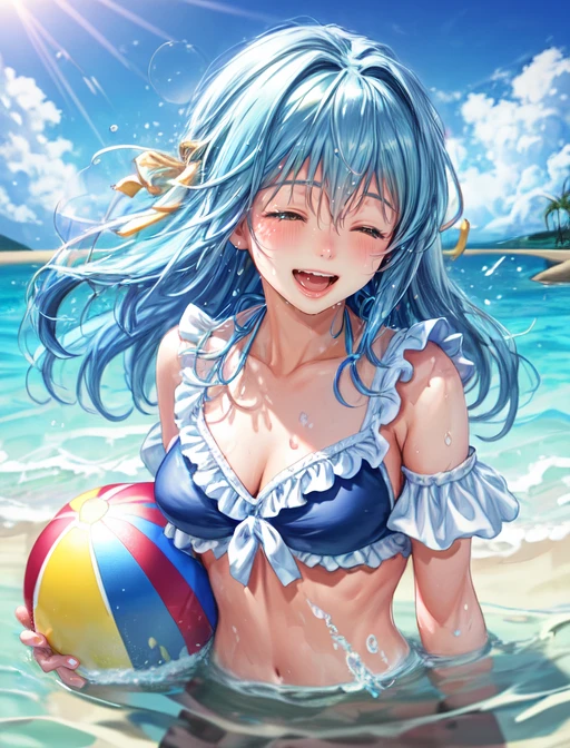 best quality, masterpiece, highres, detailed, digital artwork, <lora:Detail - add_detail:0.2>, CoralVG, <lora:Character - CoralVG-6:0.8>, blue hair, closed eyes, bikini, frills, beach, splashing, upper body, partially submerged, laughing, playing with water, water spray, looking at viewer, beach ball,
