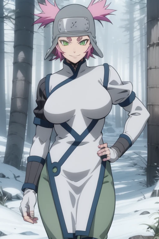 Kakuyoku Fubuki, spiky hair, short hair, short twintails, pink hair, green eyes, short eyebrows, pink eyebrows, hikimayu, beige leg warmers, forehead protector, grey hat, white fingerless gloves, grey cheongsam, bluish green pants, large breasts, snow, winter forest background