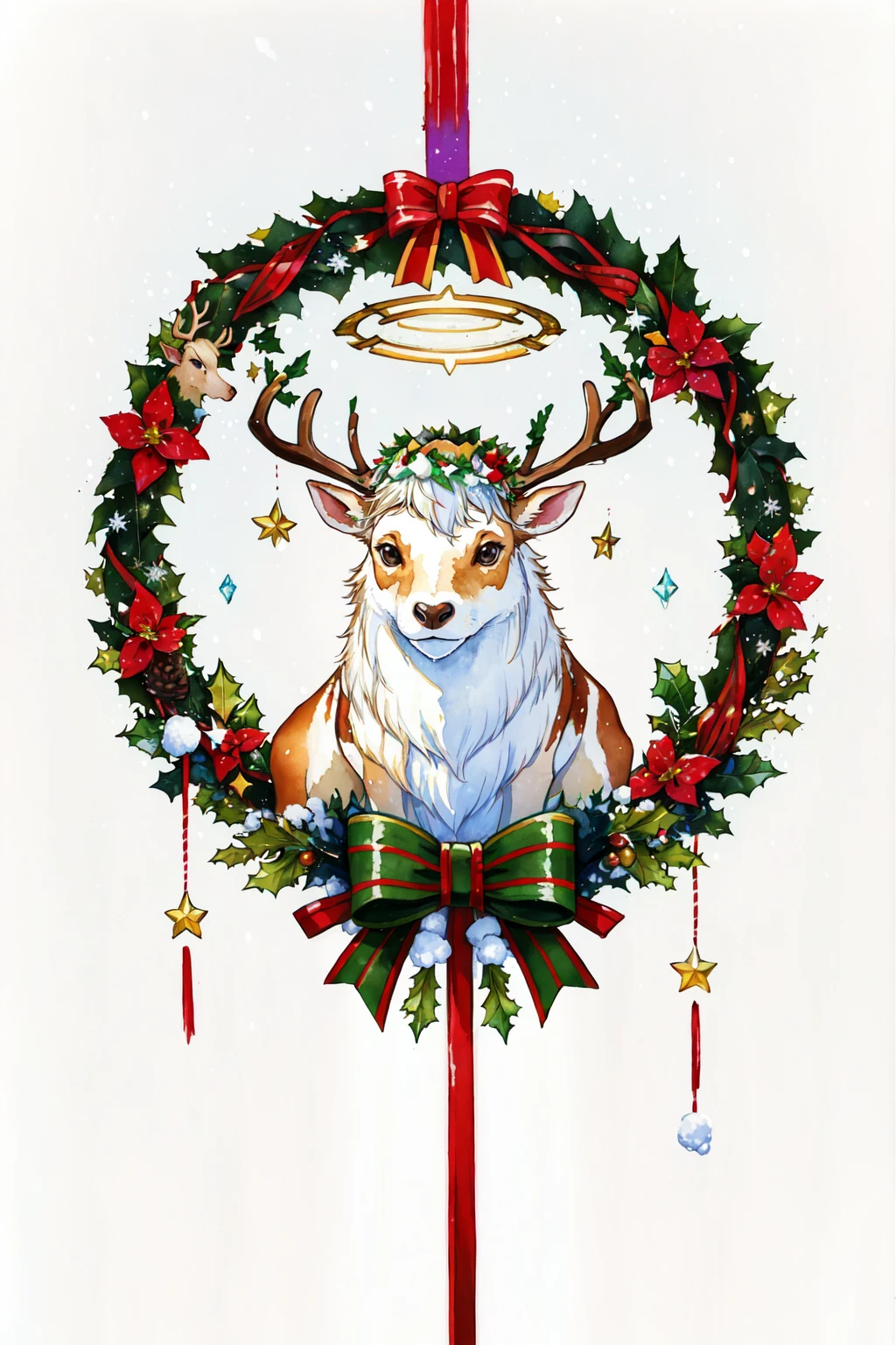 solo, looking at viewer, simple background, white background, black eyes, no humans, animal, traditional media, christmas, painting (medium), antlers, animal focus, reindeer antlers, deer, reindeer,  SplshHlpGen