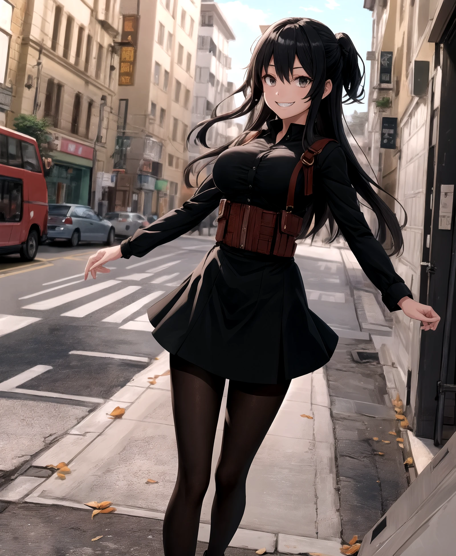 grin,, rakko yumiya, 1girl, solo, long hair, breasts, looking at viewer, smile, bangs, skirt, large breasts, shirt, black hair, long sleeves, HDR. black skirt, two side up, black pantyhose, brown footwear, <lora:Yumiya_Rakko_l:1>
