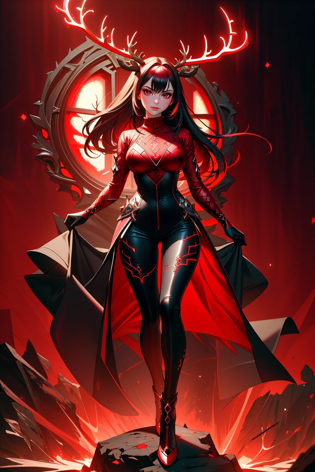 ((Masterpiece, best quality,edgQuality)),((full body)),standing, posing for a picture
edgrageaura, a woman wearing an turtleneck,red aura,wearing red light coating,deer antlers,red electricity
<lora:edgRageAura:0.8>