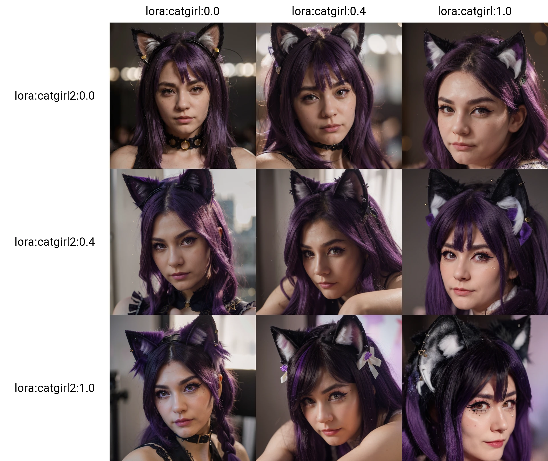 <lora:catgirl:0.0>, <lora:catgirl2:0.0>, catgirl cat ears, woman, (masterpiece:1.4, best quality), (intricate details), unity 8k wallpaper, ultra detailed, hyper realistic, detailed skin, (purple hair),
(Posing with arms folded, looking serious., close-up, )