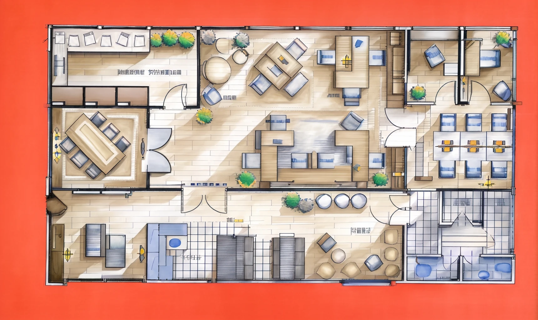 <lora:JJsFloorPlan_v2:1>, ((best quality)),((masterpiece)),((realistic)), , chair , authentic, soft lighting , (((Floor plan))) ,indoor scenery,wall ,rug , lamp, flower, vase , chair ,ceiling , plant, window ,curtain ,television ,couch, color pencil, white background,