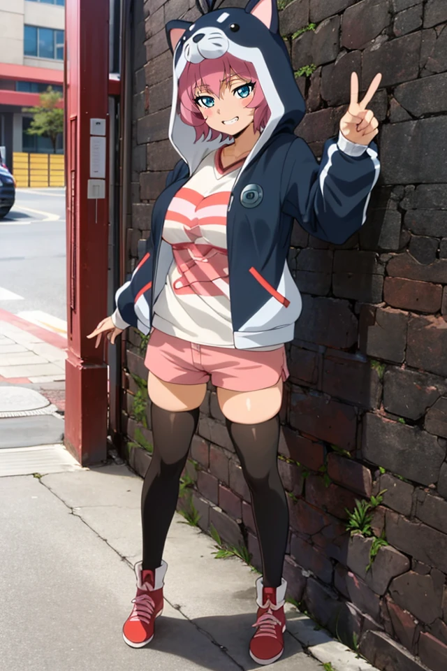 masterpiece, extremely detailed,anime, perfect lighting,1girl,solo,<lora:kurodakanna1st_e12:0.8> kurodakanna,(mature female,large breasts:1.2),(tall:1.3),hood,open jacket,shirt,pink short shorts,black thighhighs,zettai ryouiki, official style,standing,full body,Distinguish between background and character,outdoors,bus stop,looking at viewer, peace sign,grin,leaning against wall,