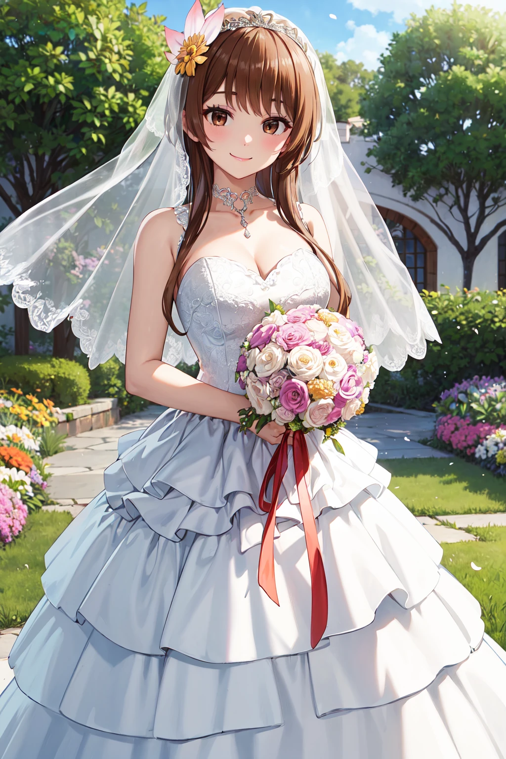 masterpiece,best quality,highres,ultra-detailed,aamarika,brown eyes,light brown hair,short hair with long locks,bangs,hair ornament,hair flower,<lora:tachibana_marika:0.7>,(wedding dress:1.2),white dress,(veil:1.2),garden,smile,outdoors,standing,cowboy shot,holding bouquet,